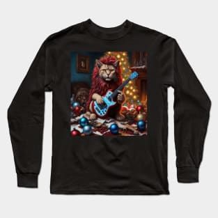 nightmare Christmas cat playing guitar Long Sleeve T-Shirt